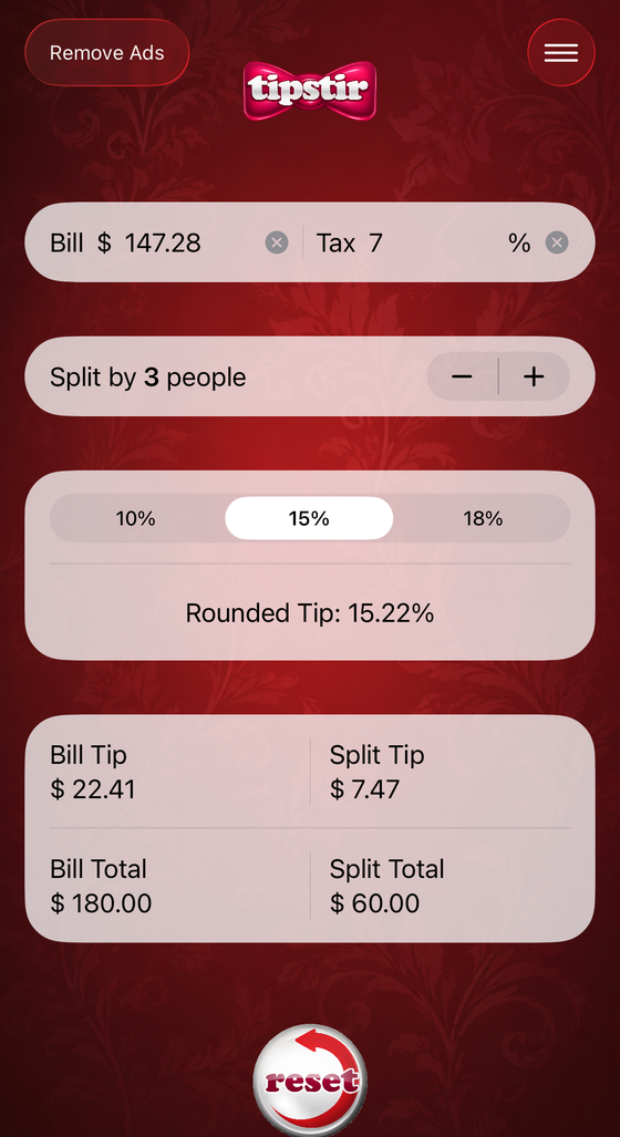 The same check after rounding, showing a $180.00 total, $60.00 each, and a rounded tip of 15.22 percent.