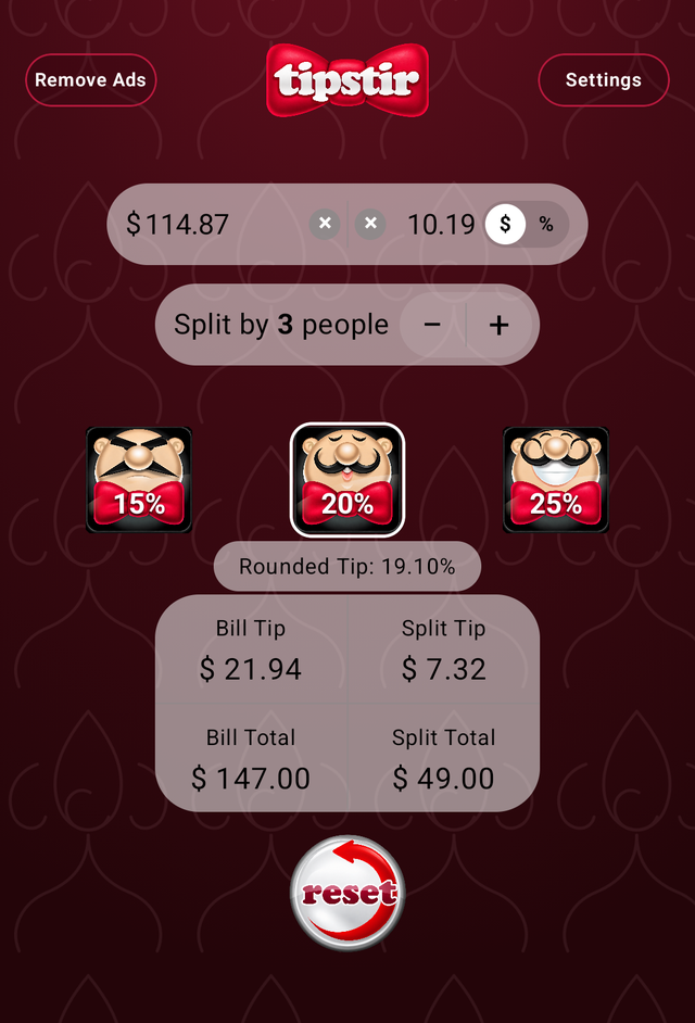 The same check after tapping Round it. Rounded tip 19.10 percent, bill tip $21.94, split tip $7.32, bill total $147.00 and split total $49.00, a clean $49 each.