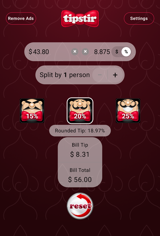 A $43.80 subtotal with tax entered as 8.875 percent, split by one person and rounded. The split figures are gone, leaving a rounded tip of 18.97 percent, bill tip $8.31 and bill total $56.00.