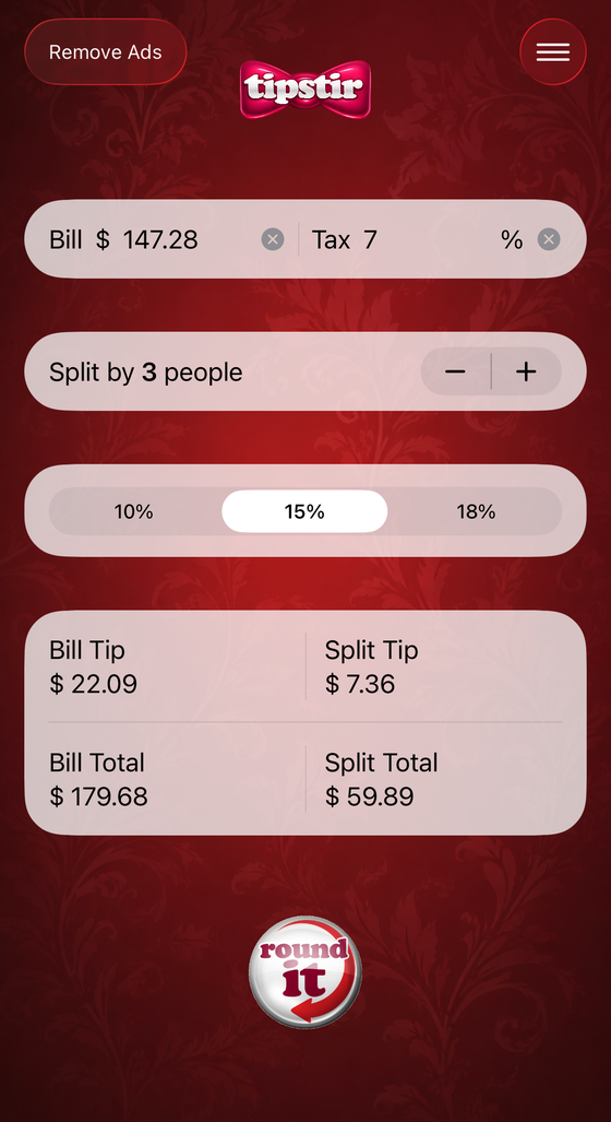 A $147.28 bill at 7 percent tax split by three people, showing $22.09 tip and $59.89 per person.